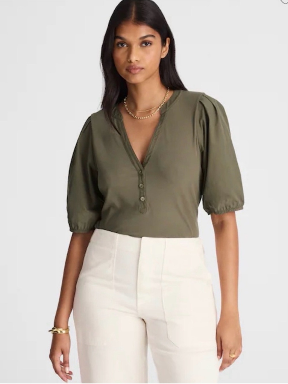 Madewell Puff-Sleeve Henley Top Sz M Green Olive New